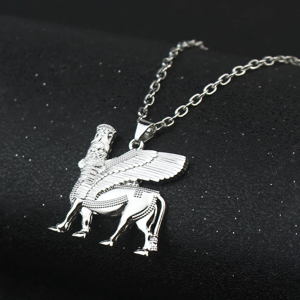 Assyrian Ashur & Lamassu Pendant Necklace — Gold or Silver-Tone