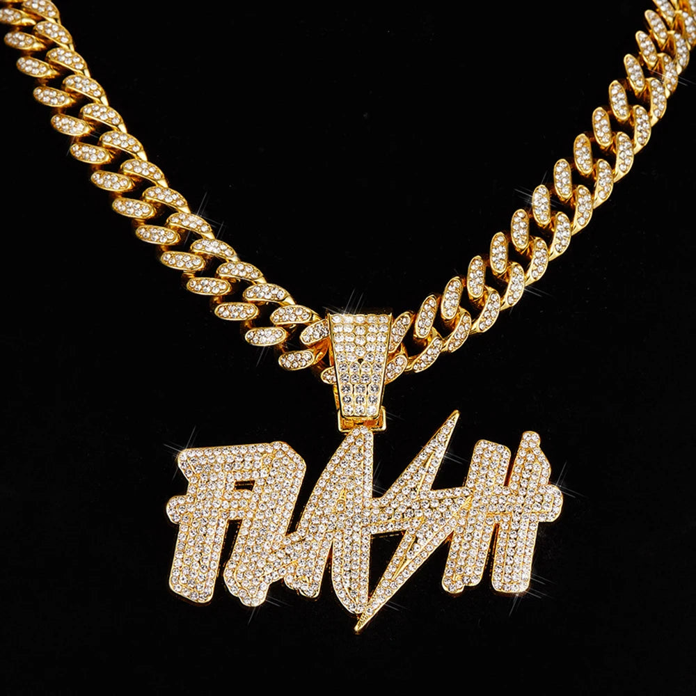 New Hip Hop Flash Lightning Large Letter Pendant Necklace With 13mm Cuban Chain Letters Necklaces For Men's Women Rapper Jewelry