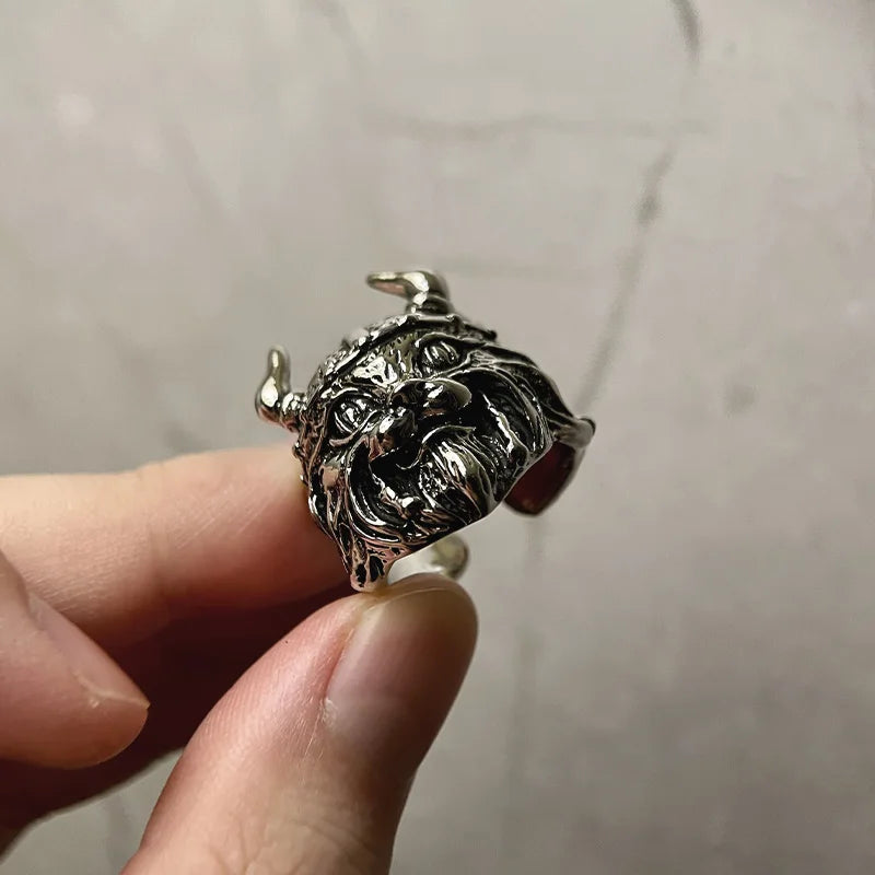 Viking Cat Open Adjustable Ring for Men — Silver-Tone