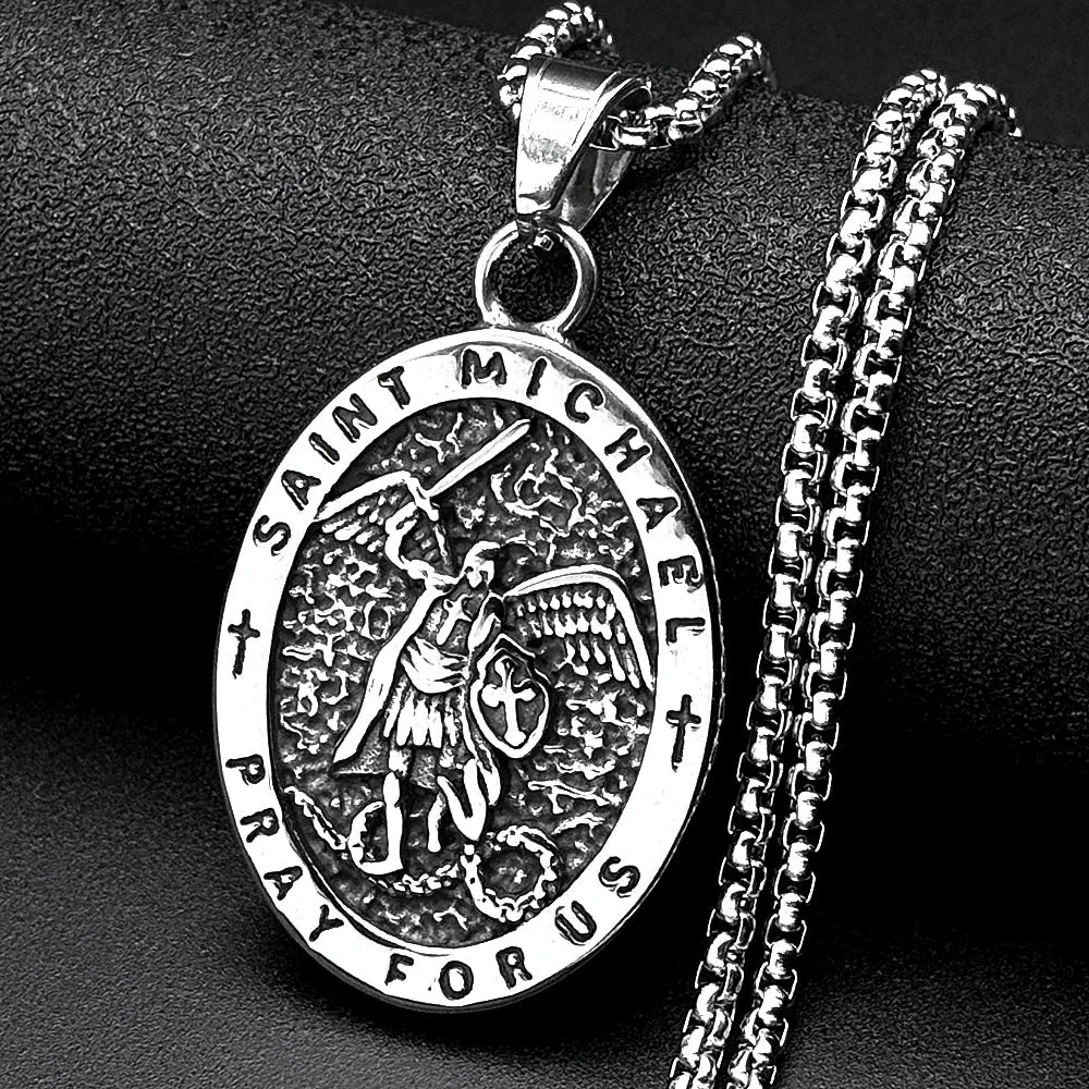 Archangel Saint Michael Pray for Us Stainless Steel Chain Necklace for Women Men Silver Color Oval Pendant Necklaces