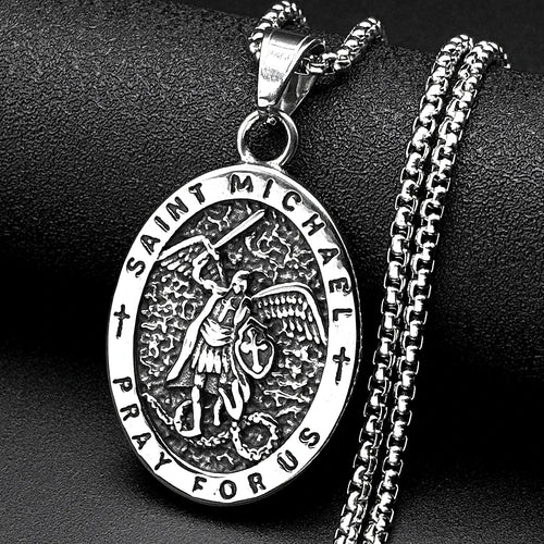 Archangel Saint Michael Pray for Us Stainless Steel Chain Necklace for Women Men Silver Color Oval Pendant Necklaces