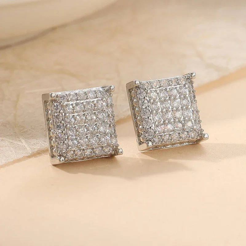 Fashion Women Men Stud Earrings Classic Square Shaped Ear Stud Piercing Sparkling Cubic Zircon Temperament Jewelry
