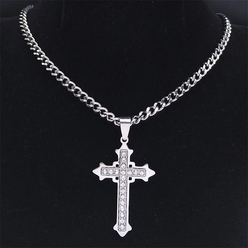 Gothic Cross Silver Pendant Christian Rhinestone
