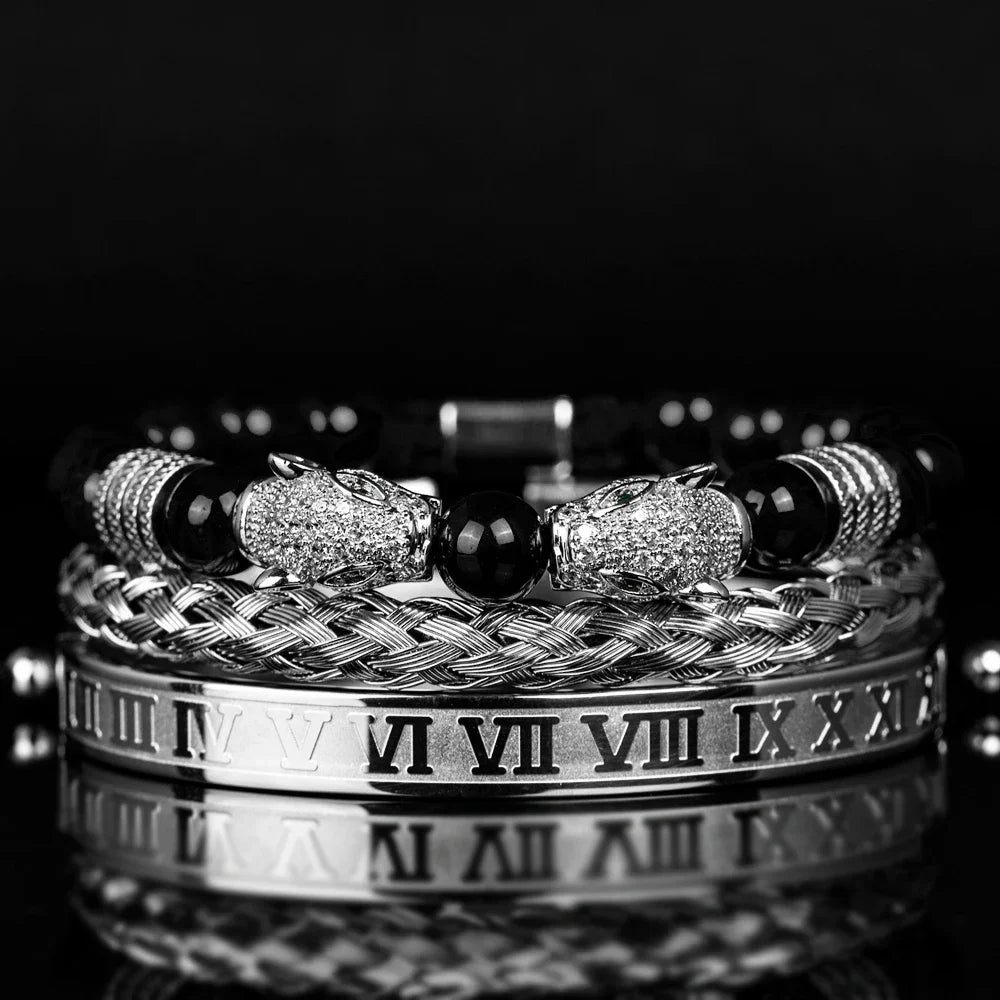 3PCS Mens Premium Black Agate Beaded Bracelet Set - Double Leopard Head, Roman Numerals, Adjustable Braided Design