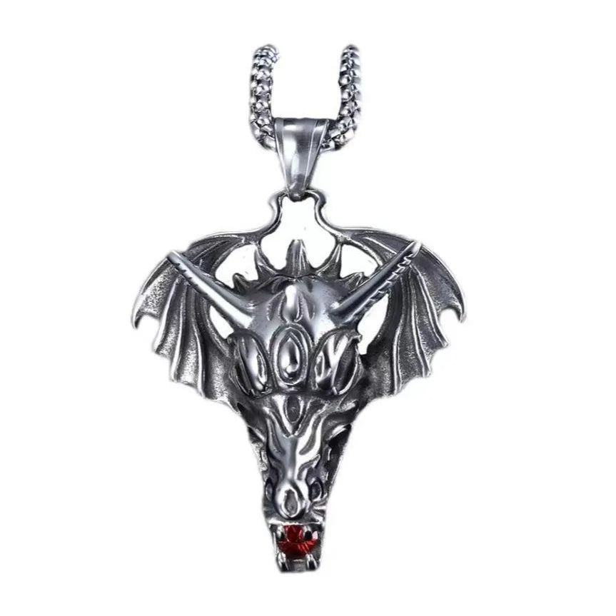 New Personality Trend Necklace Red Drill Wing Dragon Head Style Pendant Stainless Steel Titanium Steel Men's Holiday