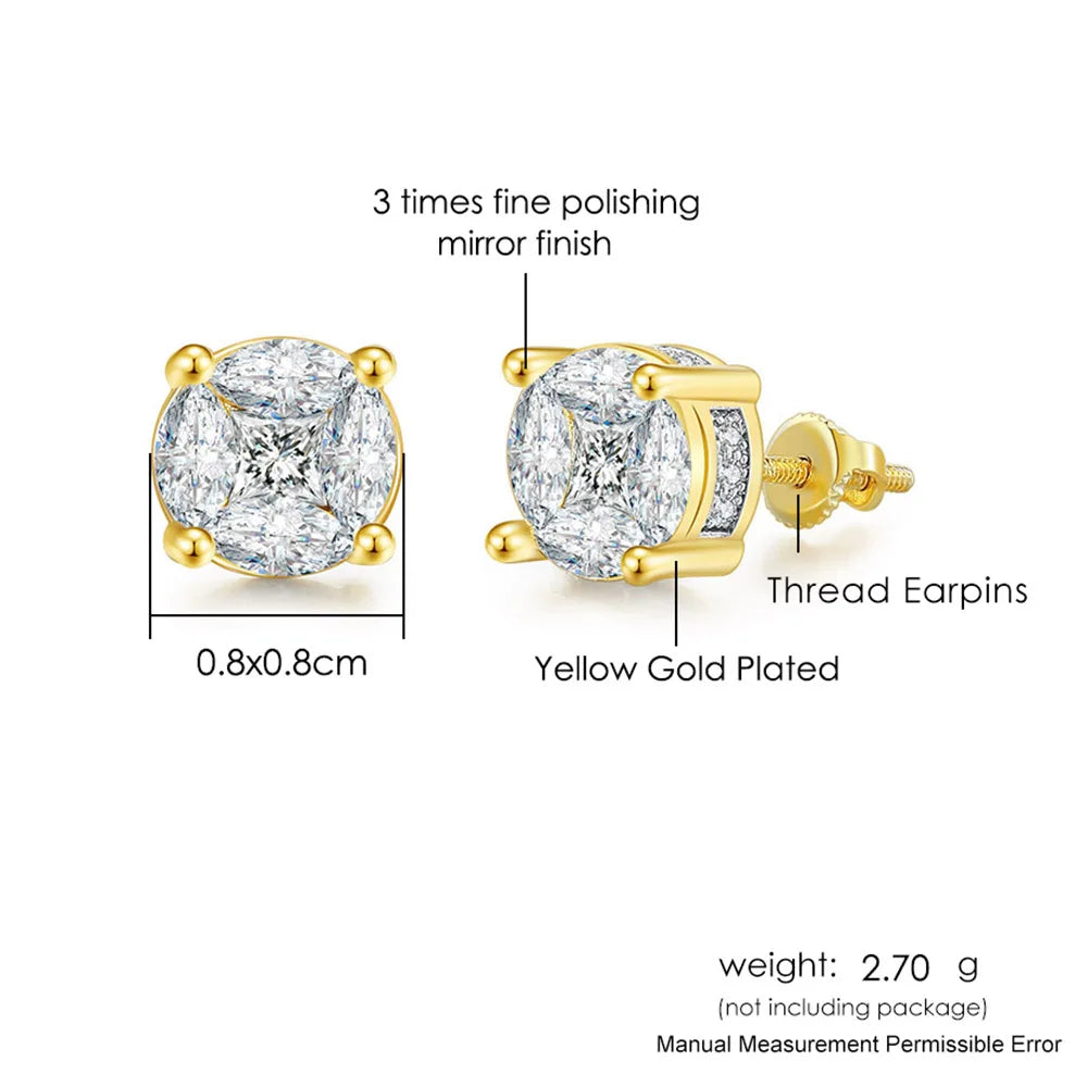 Iced Out Round Square Stud Earrings — Gold
