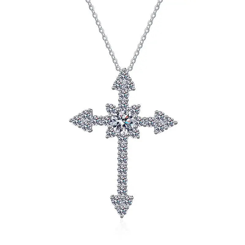 Women's PT950 Platinum Necklace - Full-Diamond Cross Moissanite Design, 50 Points & 1 Carat Options, Elegant Daily