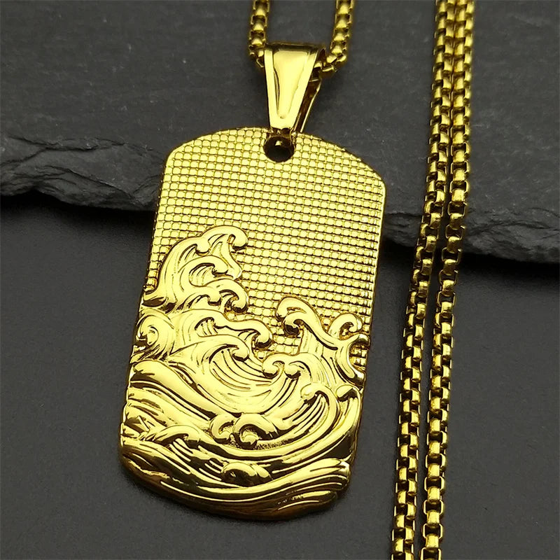 Geometric Two-Tone Pendant Sea Wave Dog Tag
