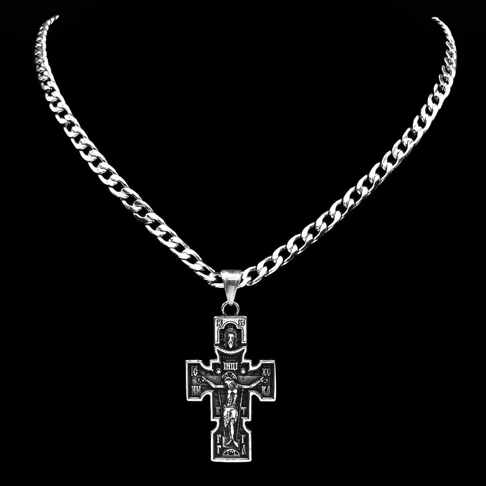 Vintage Cross Necklace — Orthodox Jesus Crucifix Icon