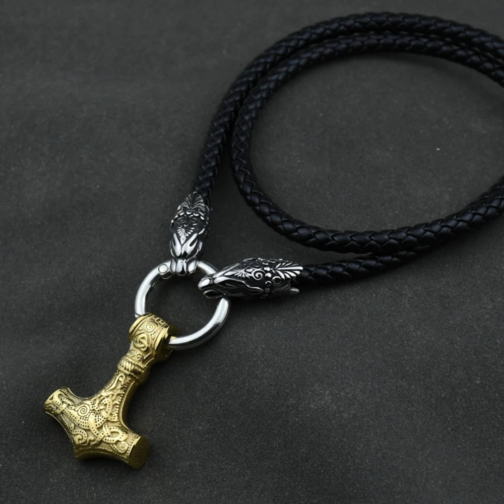 Men stainless steel Wolf head norse viking amulet thor hammer pendant necklace leather chain