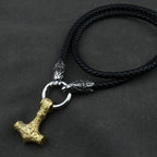 Men stainless steel Wolf head norse viking amulet thor hammer pendant necklace leather chain
