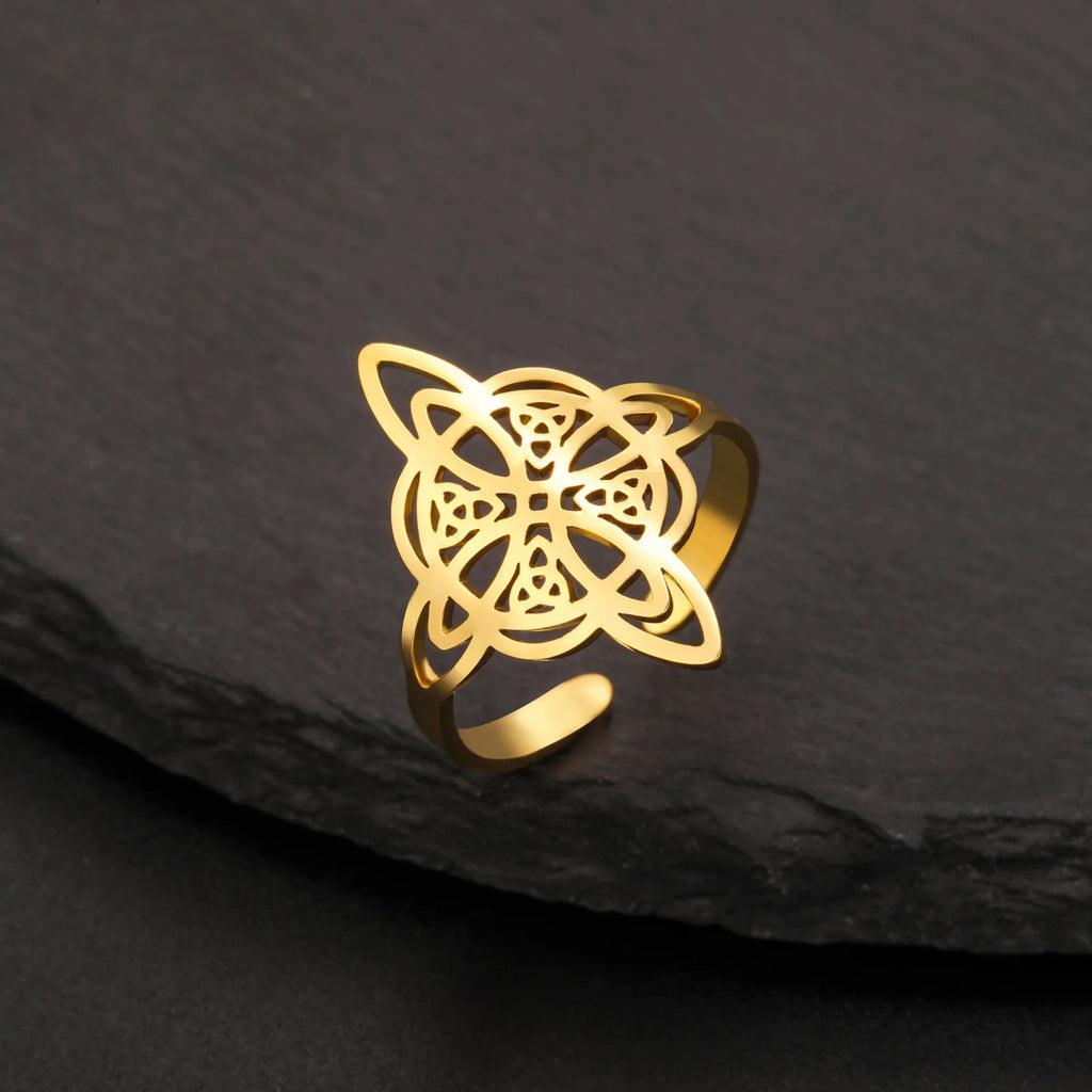 YILUOCD Witchcraft Stainless Steel Open Ring Supernatural Witch Knot Rings For Women Wiccan Cross Protection Amulet