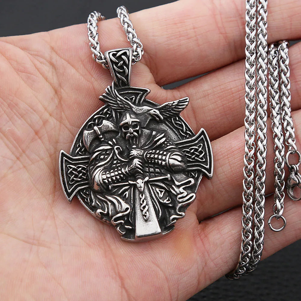 Vintage Viking Warrior Odin Necklace Men Nordic Stainless Steel Cross Trinity Pendant Necklace Gothic Skull Chain