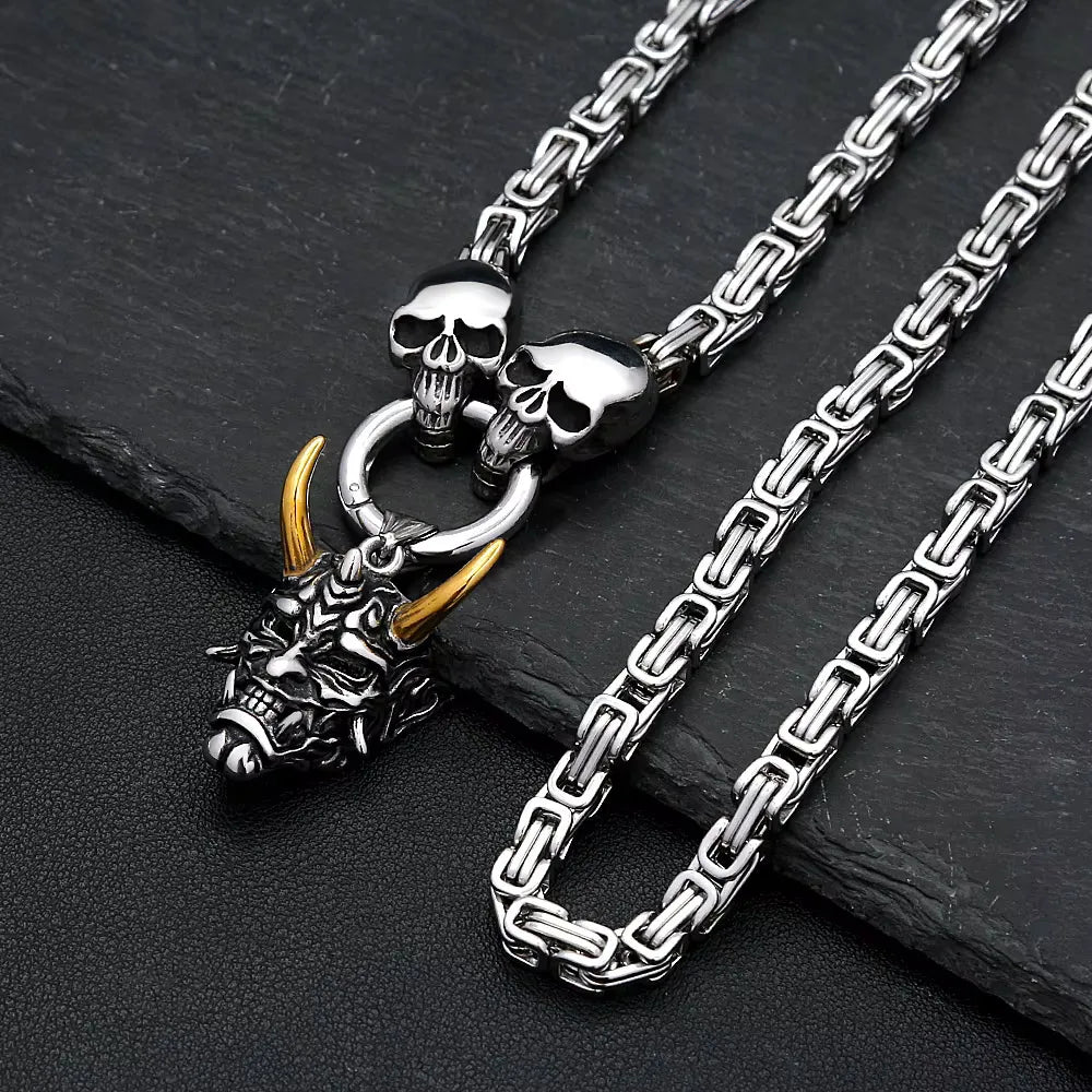 Gold Ox Horn Bodhi Demon Tooth Pendant Stainless Steel Double Skull Byzantine Necklace Hiphop Skull Demon Mask Necklace Gift