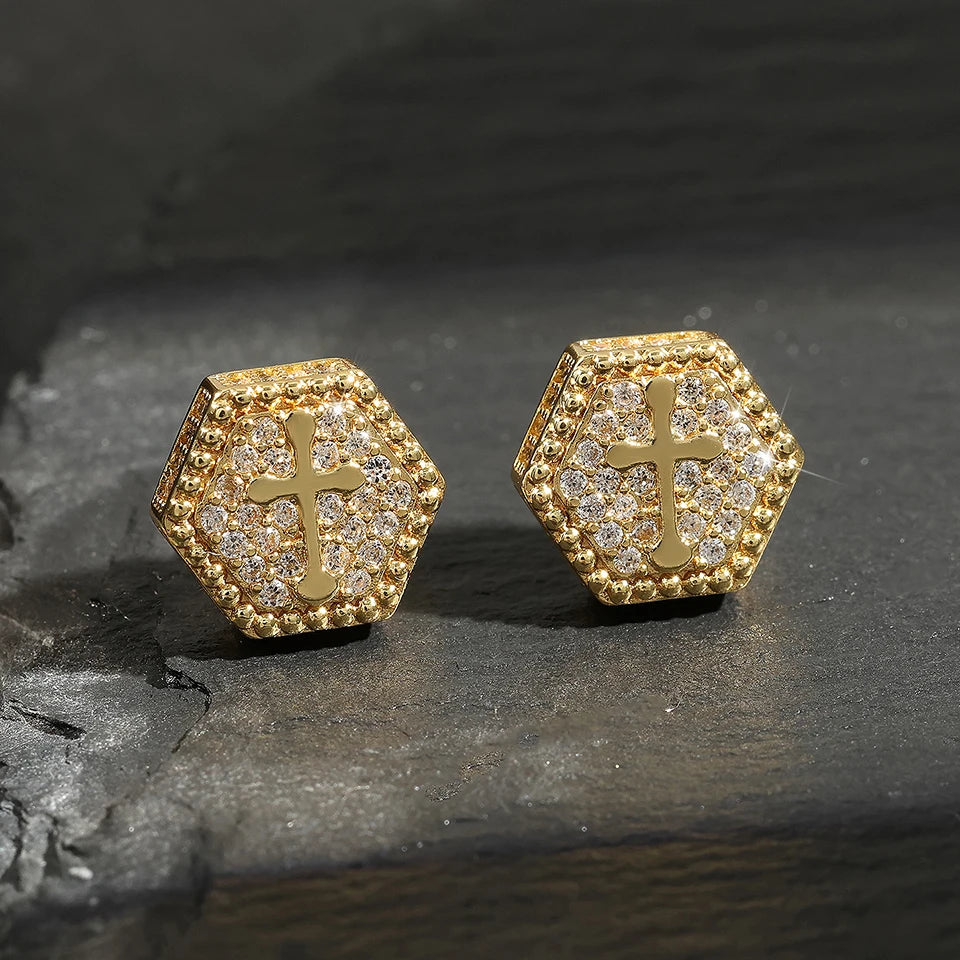 Iced Out Square Stud Earrings for Men — Gold-Tone Piercing Studs