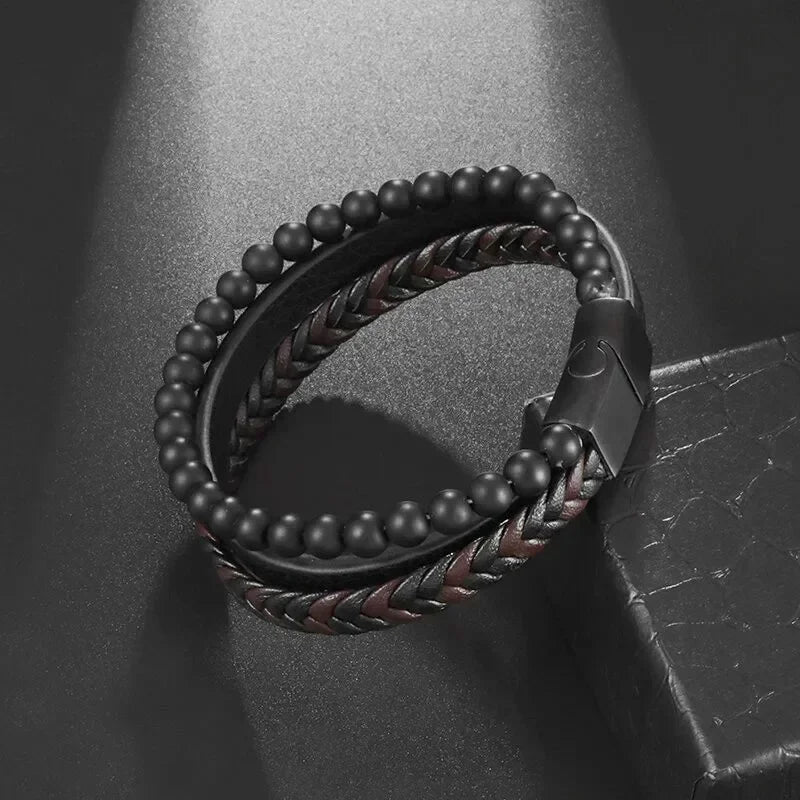 Vintage Punk Hand Woven Three Layer Leather Black Beaded Bracelet Magnetic Bracelet Clasp Men\\'s Charm Business Event Jewelry