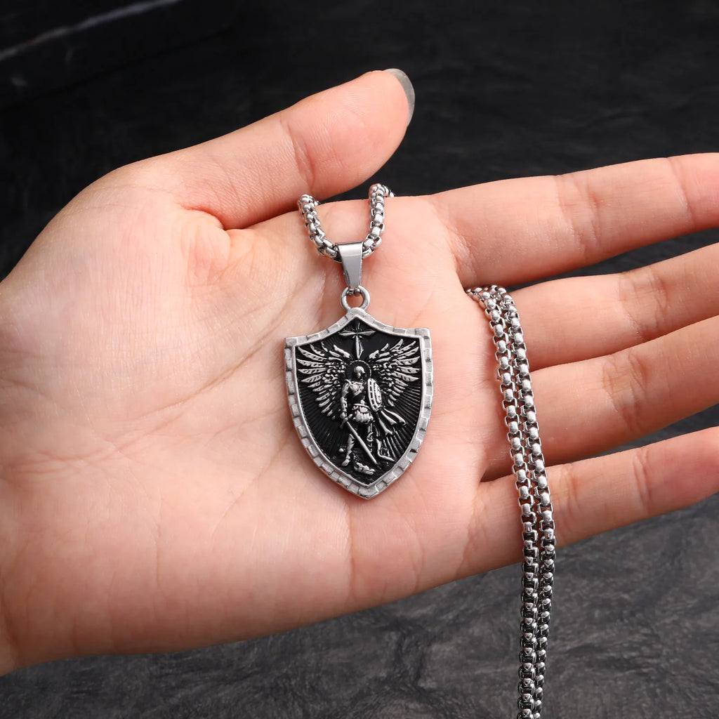 Vnox Archangel Saint Michael Shield Pendant Necklace Stainless Steel Vintage Protection Amulet Chain Jewelry Gifts for Men Women