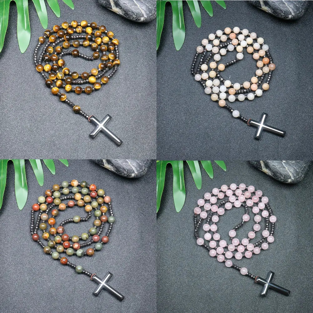 Rosary Necklace For Men Women 8mm Tiger Eye Black Obsidian Beads Necklace Christ Buddhist Meditation Cross Necklace Jewelry