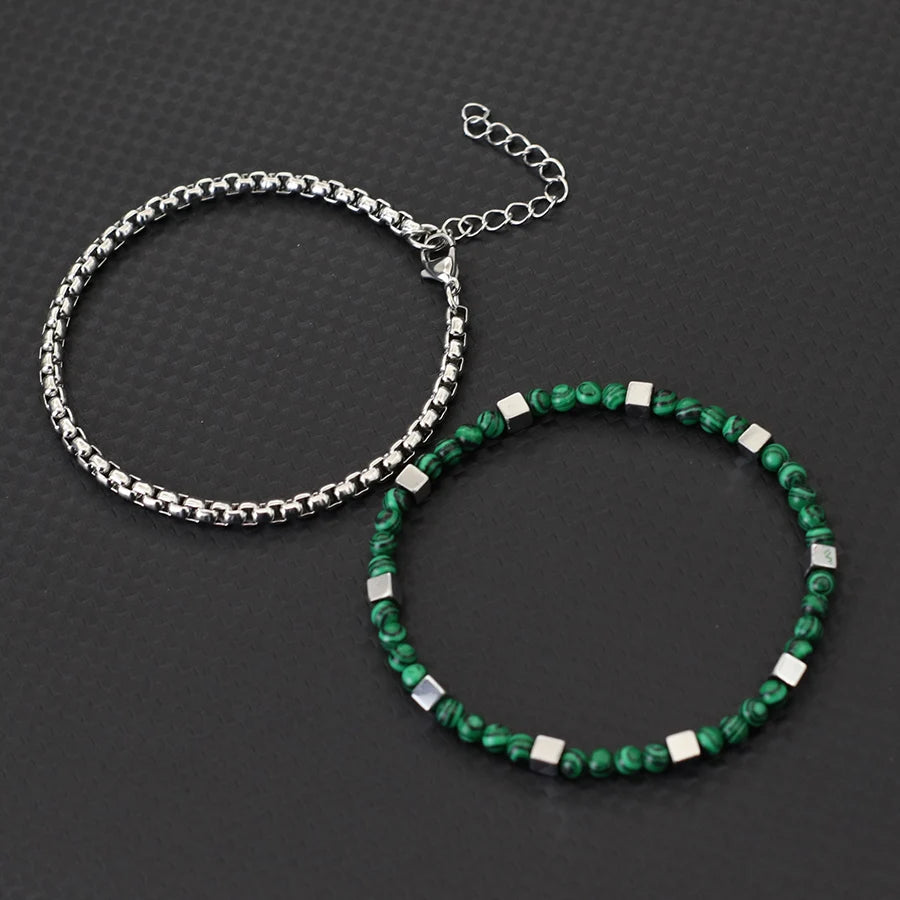 Punk 2Pcs/set Natural Stone Bracelet Men Stainless Steel Chain Tiger Eyes Hematite Beaded Braslet Cool Boyfriend Gifts For Him