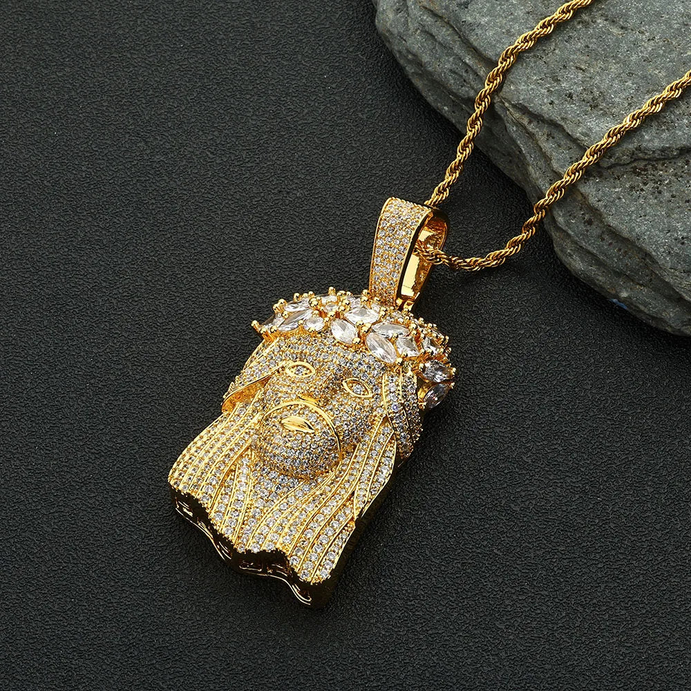 Gold Jesus Face Pendant Necklace Iced Out 18K