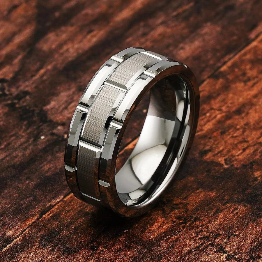 Brushed Double Groove Wedding Band Ring 8mm — Stainless Steel