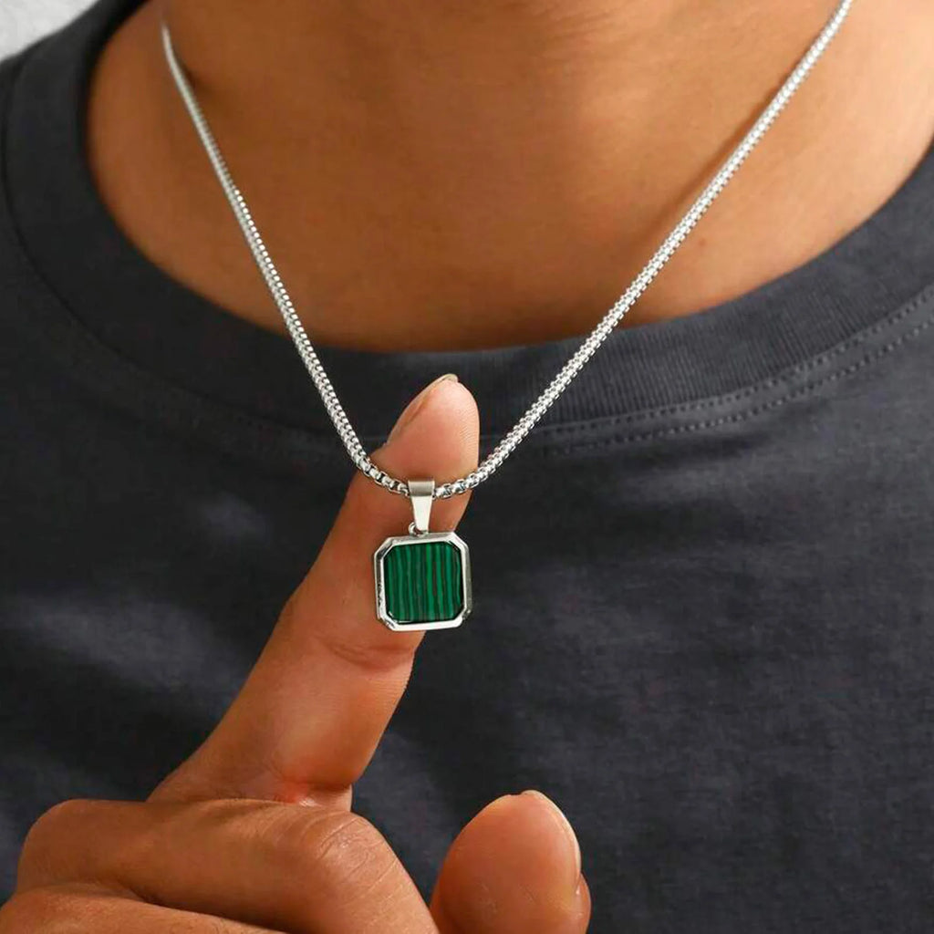 Green Square Stone Pendant — Stainless