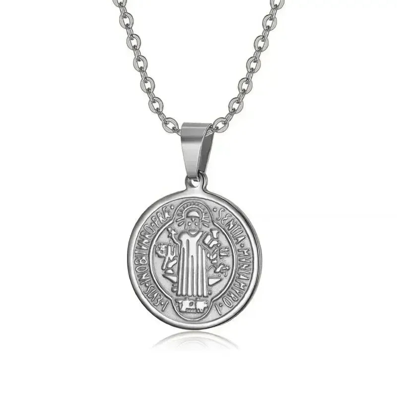 Vintage Christian Jesus Cross Stainless Steel Pendant Little Angel Prayer Necklace Men Women Faith Amulet Jewelry