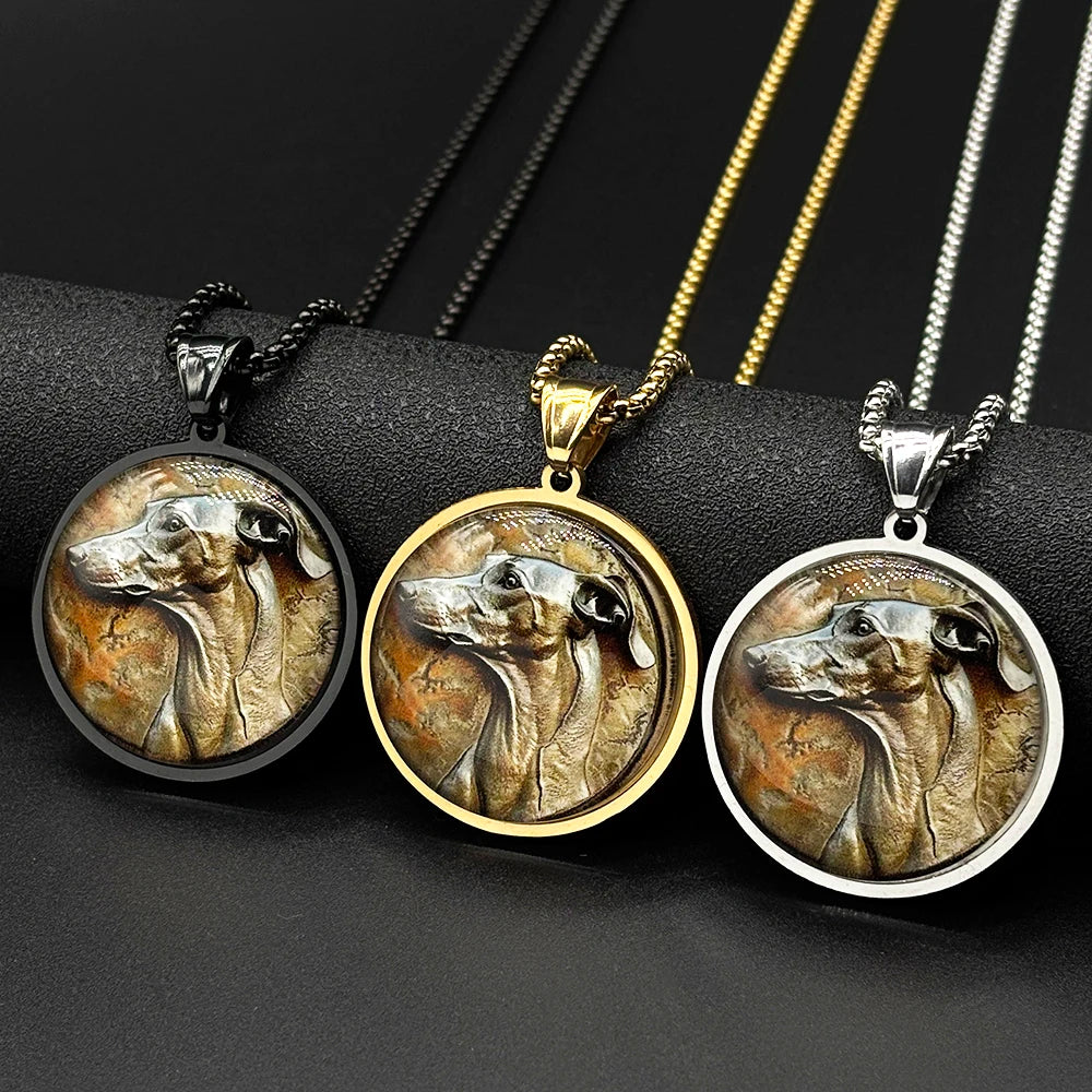 Greyhoun Whippet Dog Head Glass Medal Pendant Necklace for Women Men Gold Plated Stainless Steel Animal Pet Lover Chain