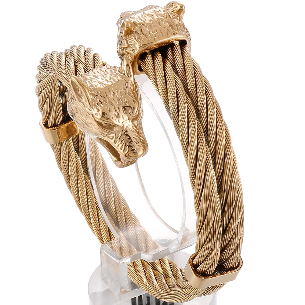 Retro Elastic Wolf Head Open Cuff Bangle Bracelet For Men 12MM Twist Chain Stainless Steel Men‘s Bracelets Rockers