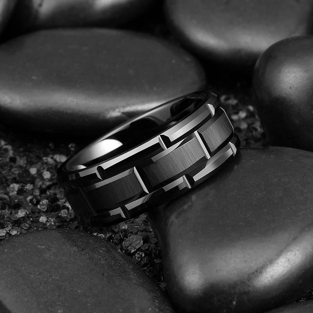 Brushed Double Groove Wedding Band Ring 8mm — Stainless Steel