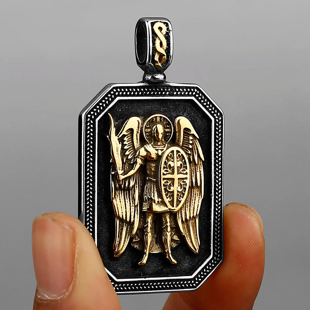 Archangel Michael Cross Shield Prayer Tag Titanium Stainless Steel Pendant Men's Amulet Necklace Jewelry Gift