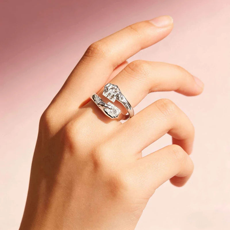 Hug Hands Open Adjustable Ring — Gold-Tone, Clear Stones
