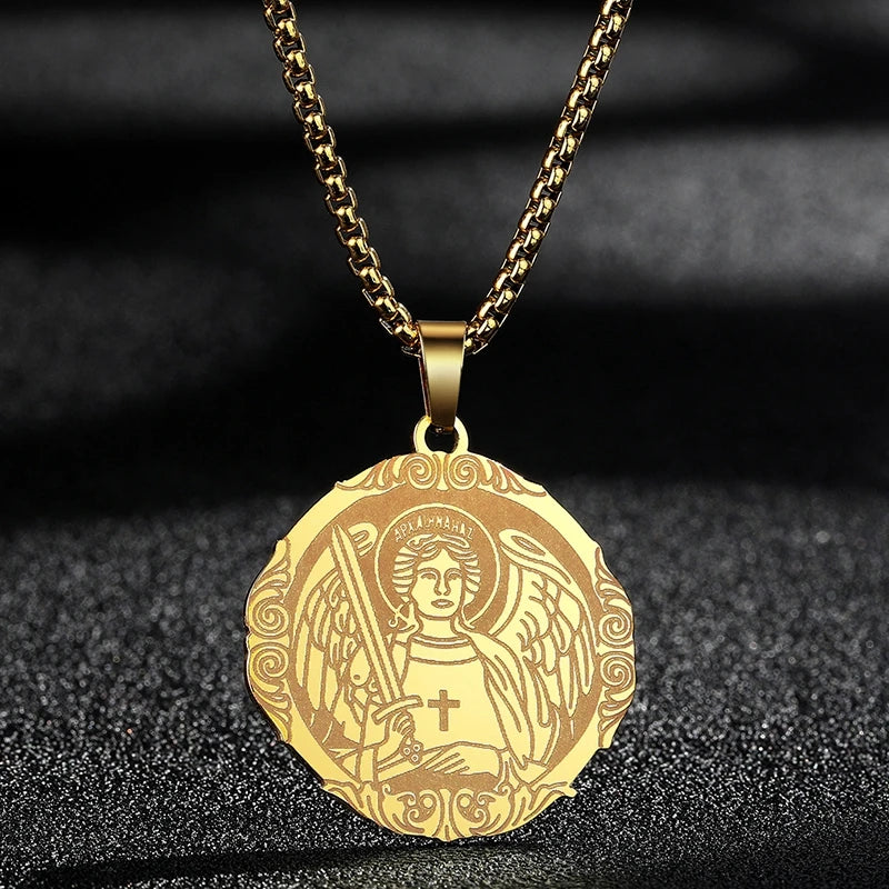 QIMING Dainty Saint George Pendant Necklace For Men Stainless Steel Warrior St. George's Dragon Medallion Mythology
