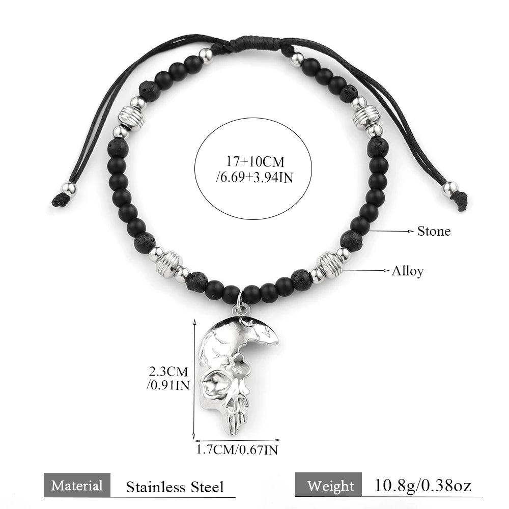 Gothic Half Skull Pendant Bracelet Black Lava Stone Beaded Adjustable Wax Rope Bracelets Men Punk Rock Jewelry