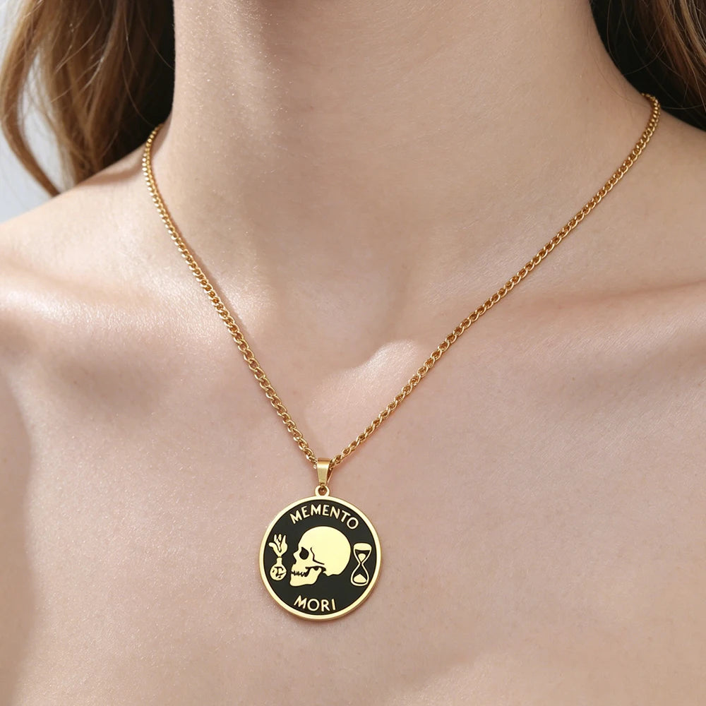 Memento Mori Stoic Pendant Necklace for Men Women Double Sided Engraved Stainless Steel Chain Motivational Stoicism