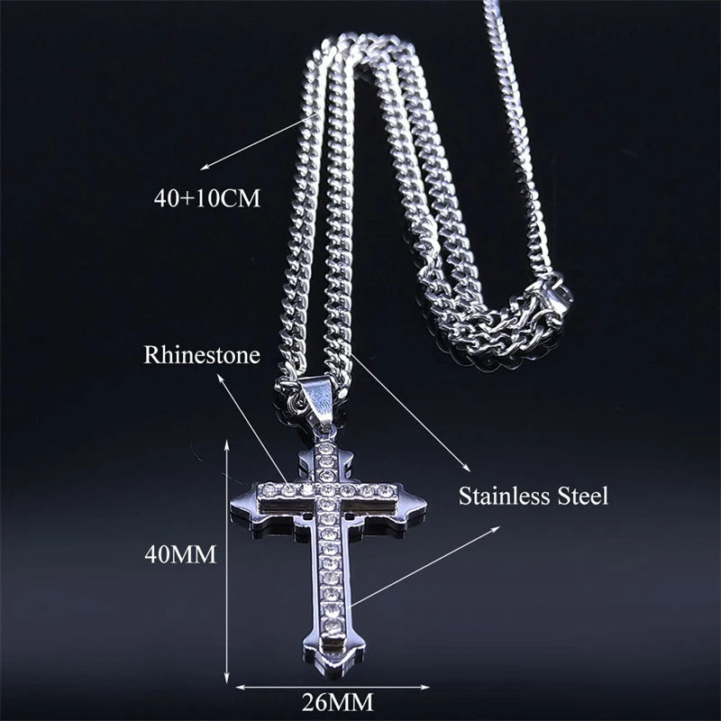 Gothic Cross Silver Pendant Christian Rhinestone