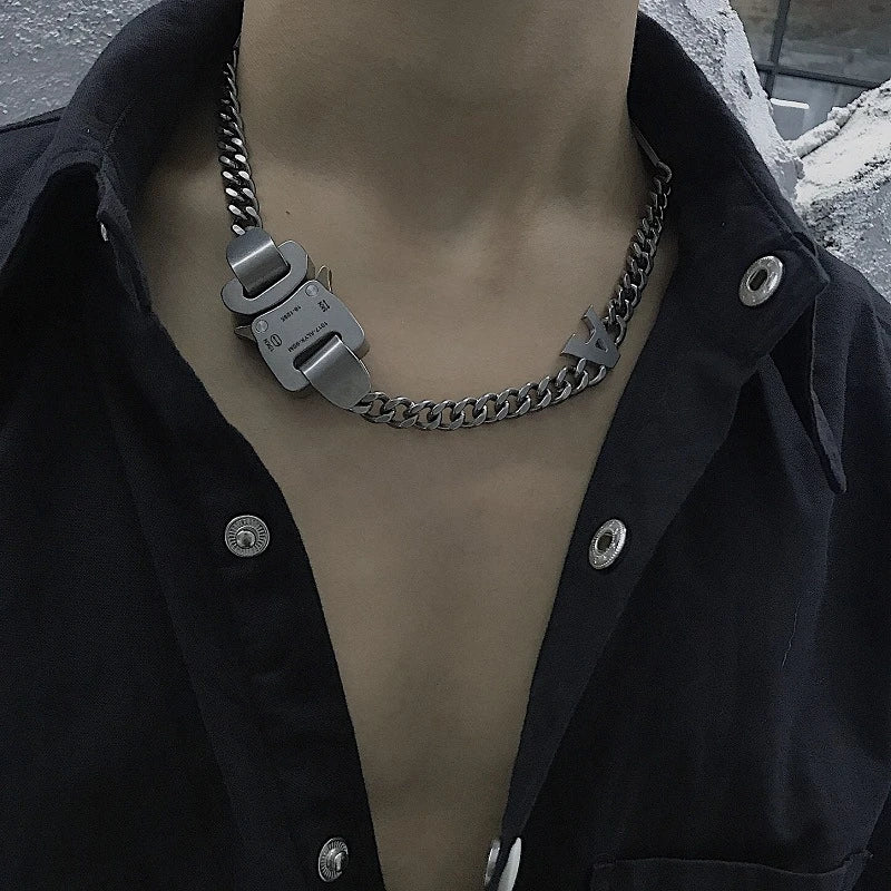 HANGZHI 2021 NEW Hip Hop Punk Titanium Steel Street Men and Women Letters Metal Safety Buckle Necklace Fashion Jewelry
