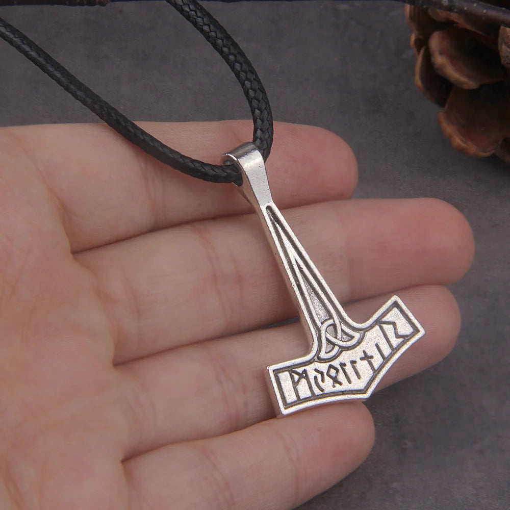 Viking Jewelry antique silver color rune thor hammer pendant necklace with cotton necklace chain