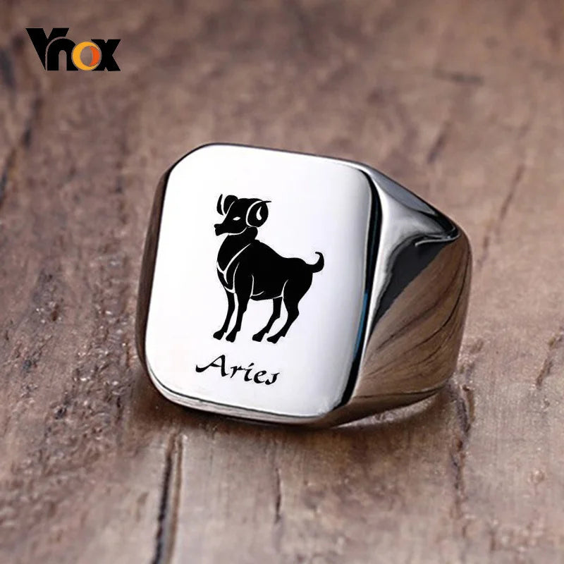 Vnox 18mm Signet Ring For Men Women, The Zodiac 12 Horoscope Constellation Sign Finger Band, Stainless Steel Aries Punk