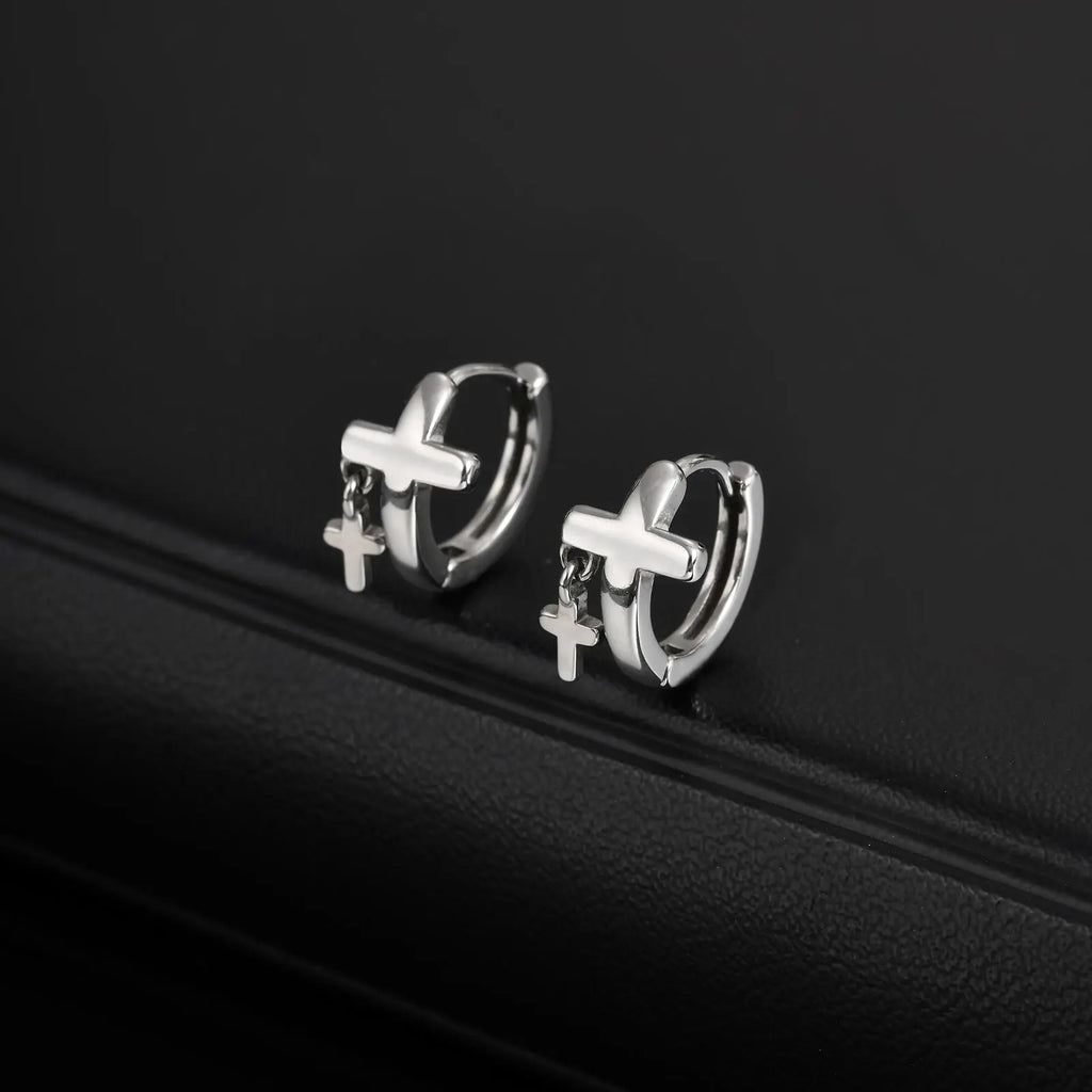 Personalized Stainless Steel Cross Tassels Pendant Earrings for Men,Silver Color Not Allergic Hoop Earrings,Punk Fashion Jewelry