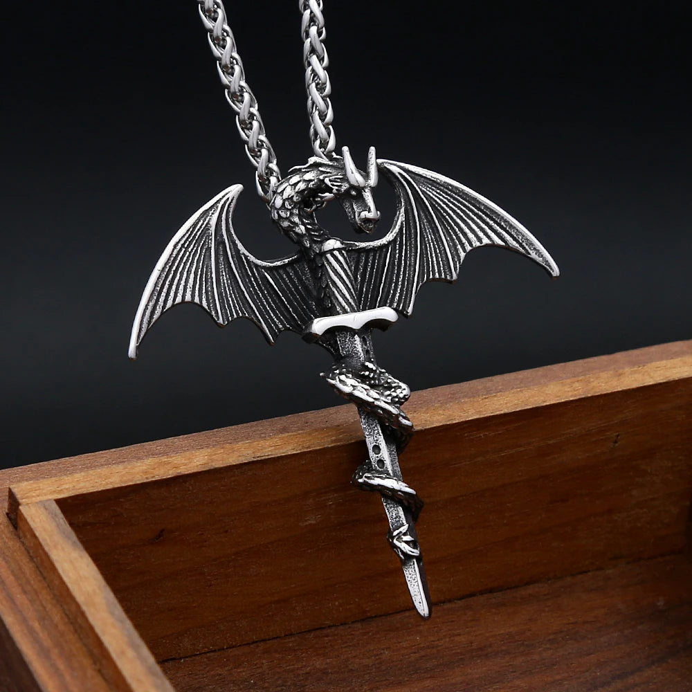 Fashion Flying Dragon Necklace Stainless Steel Punk Sword Pendant Necklace For Men Unique Amulet Jewelry Gift