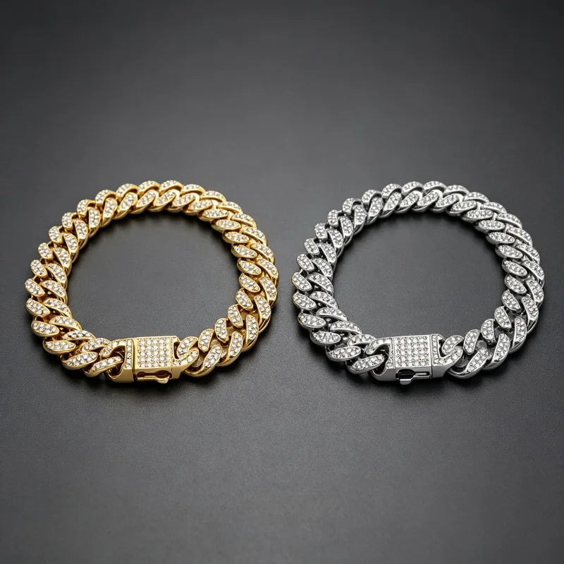 11mm full Rhinestone Miami Chain Bracelet for Men Rock Thick Cuban Chain Stainless Steel Punk Biker Jewelry Gifts