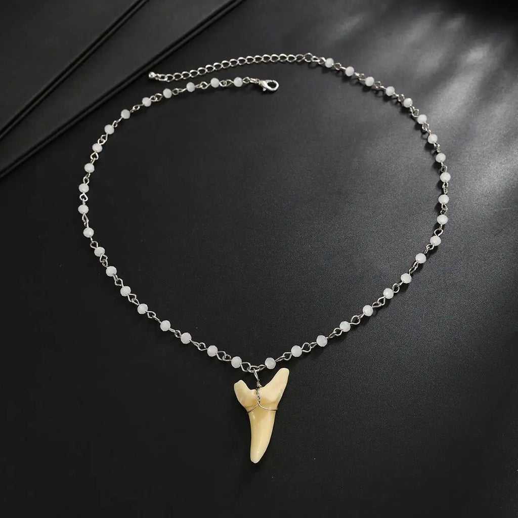 SHIXIN Vintage Exquisite Crystal Beaded Chain Shark Tooth Pendant Necklace Men Trendy Summer Beach Geometric Choker Neck Jewelry