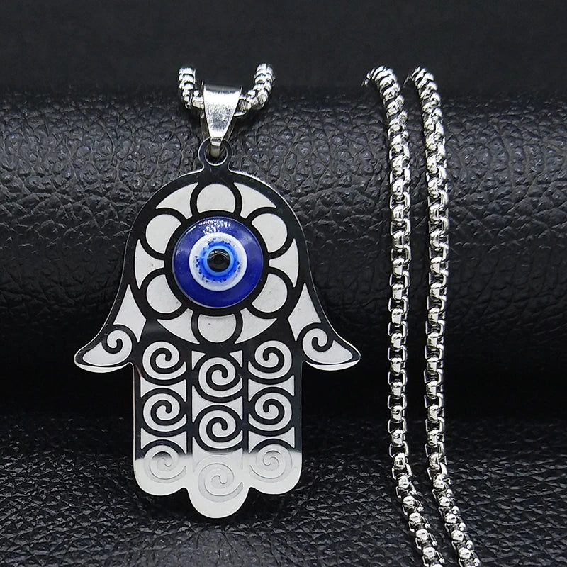 Hamsa Evil Eye Pendant Necklace — Stainless Steel