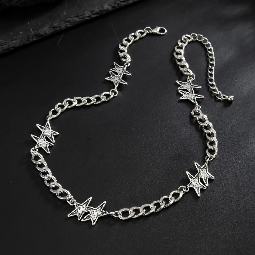 Grooved Five-Point Star Chain Necklace — Silver