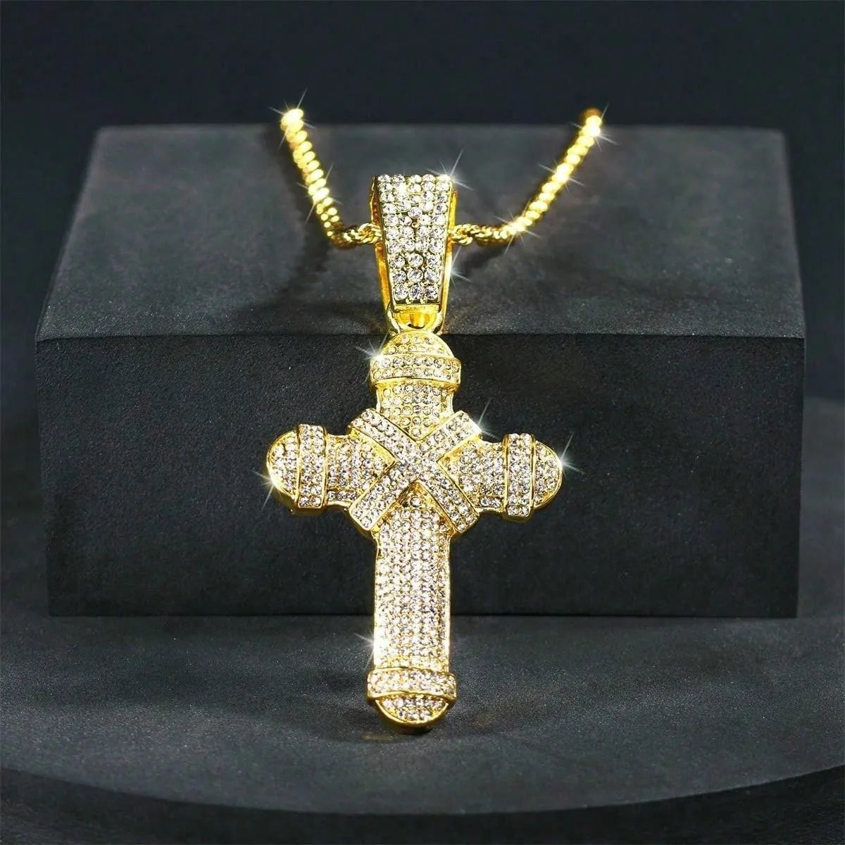 Iced Out Jesus Cross Cuban Pendant — Gold