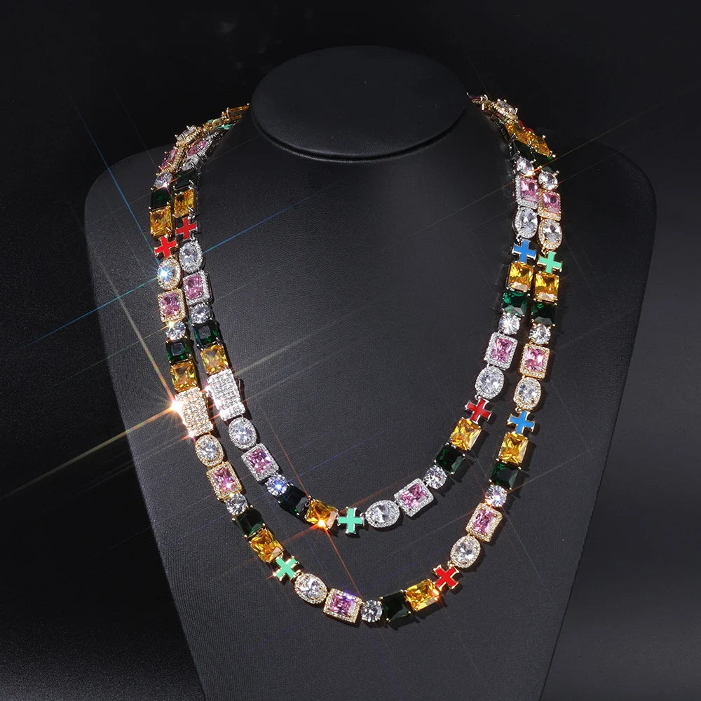 Iced Out Gemstone Necklace Stainless Steel Multi