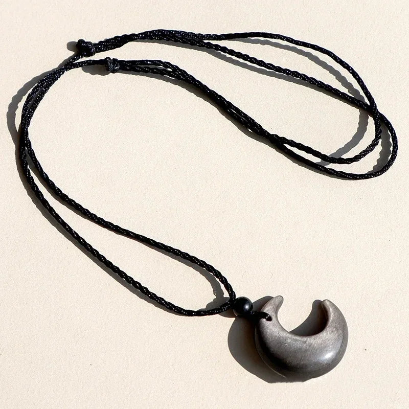 Lucky Crescent Moon Crystal Necklace Natural Stone Pendant Black Obsidian Opal Rope Wrap Necklace Adjustable