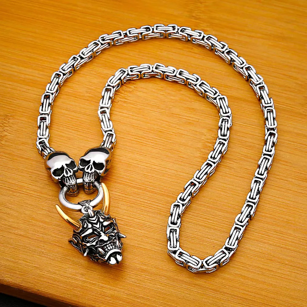 Gold Ox Horn Bodhi Demon Tooth Pendant Stainless Steel Double Skull Byzantine Necklace Hiphop Skull Demon Mask Necklace Gift