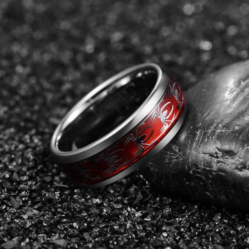 Red Personalized Couple Tungsten Carbide Ring with Spider Pattern Dome Edge,Comfortable Fit, Fashionable Daily Item,Wedding Ring